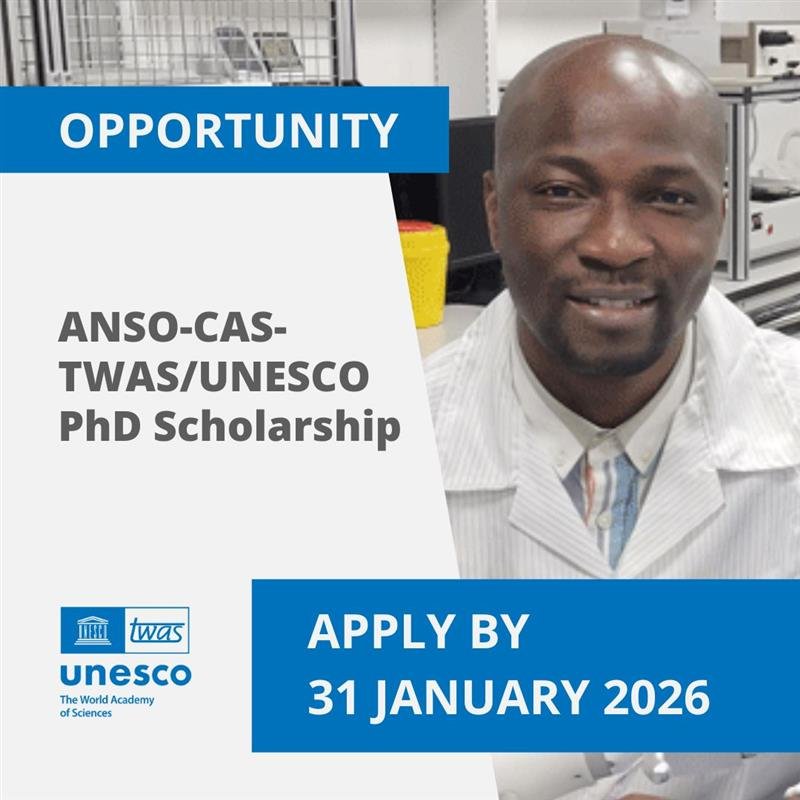 The TWAS scholarships for full-time PhDs with ANSO-CAS in China is now open. Deadline for the call is 31 January 2026. 